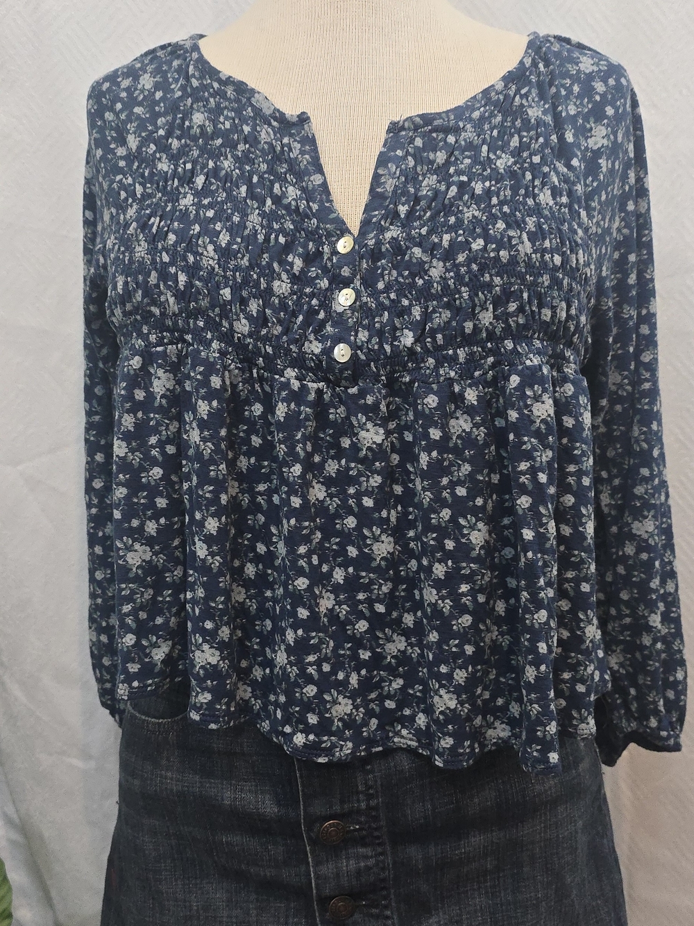 Lucky Brand Navy Blue Floral Peasant Blouse